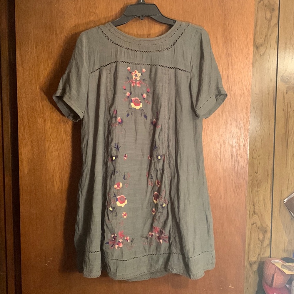 Umgee Green Floral Embroidered Dress Sz L